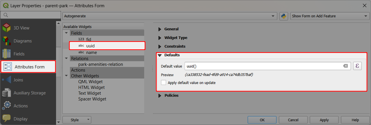 UUID como valor predefinido no formulário de atributos